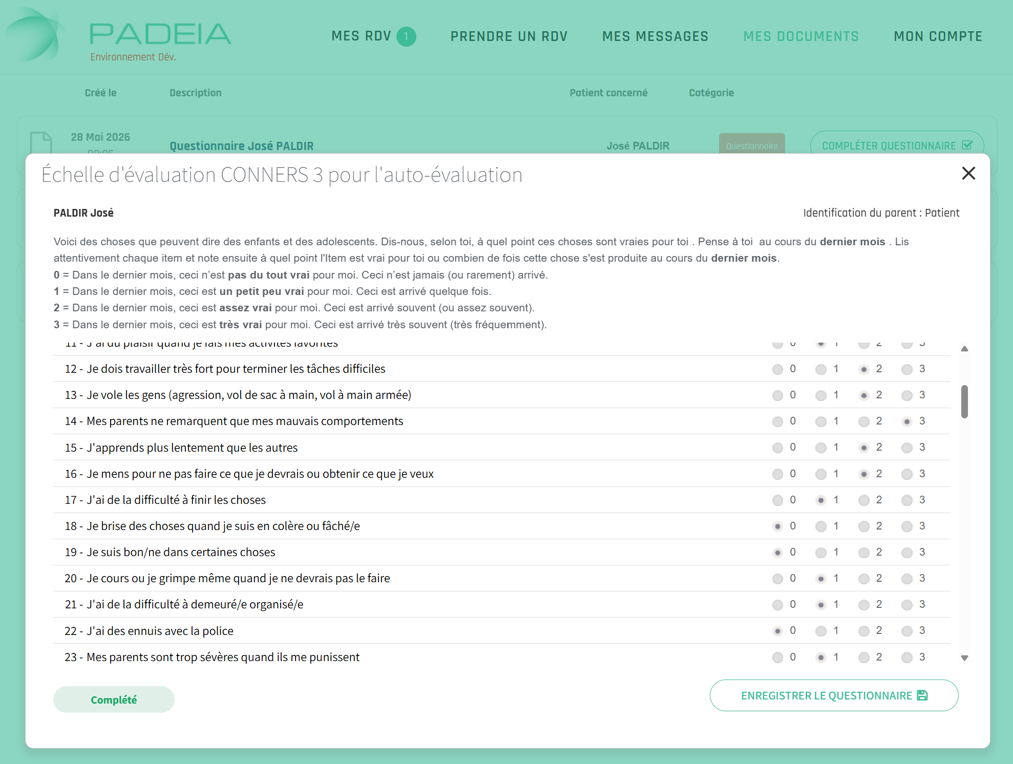 Echelle de Connors 3 à compléter en ligne par le patient